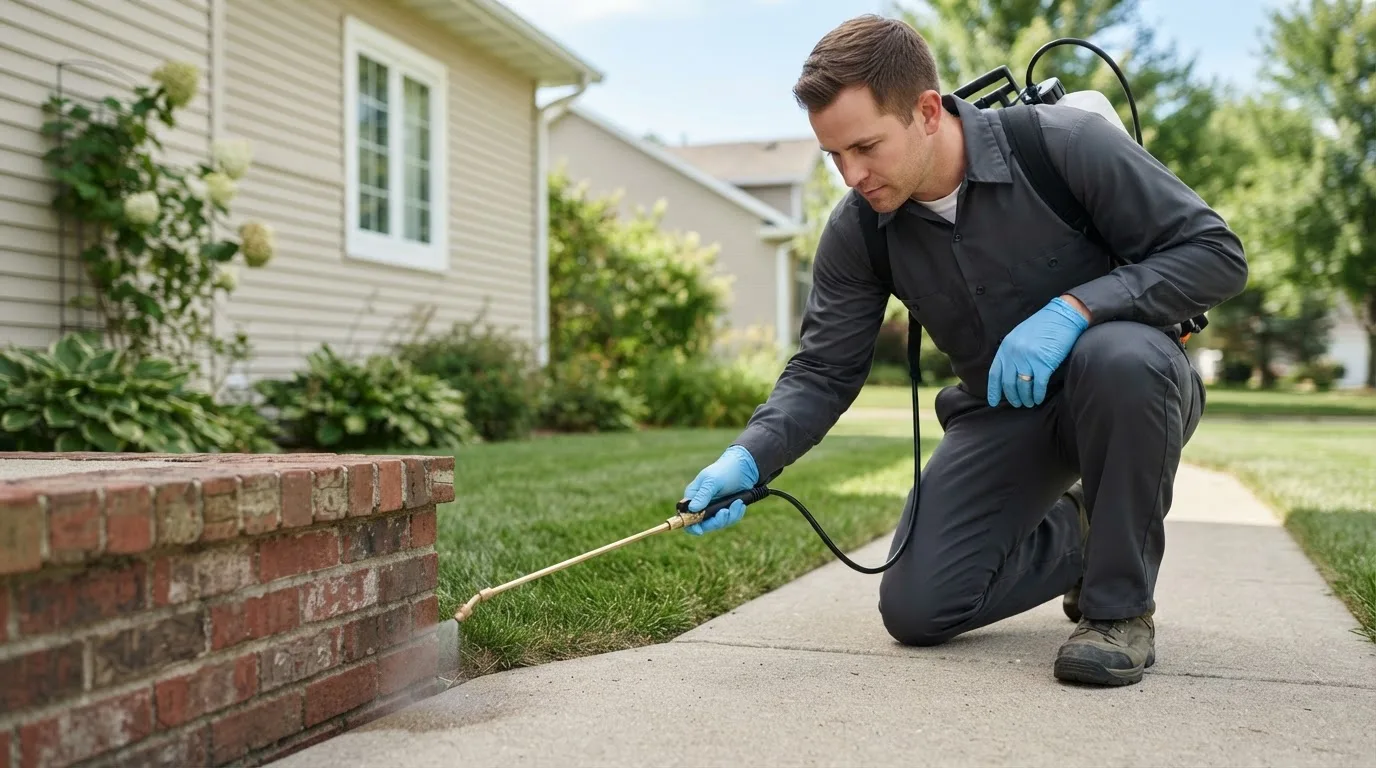 Pest control technician treating a home near Thrall, TX