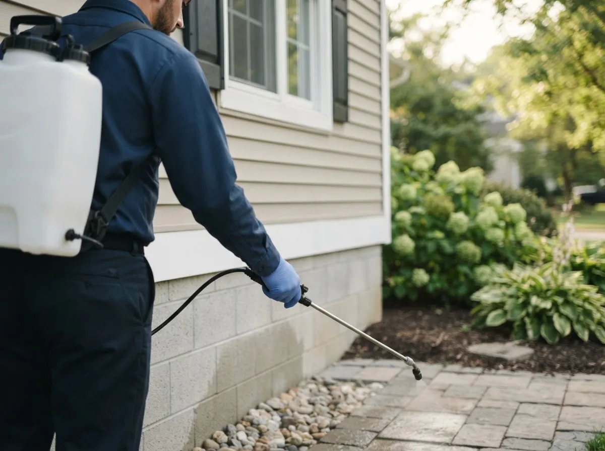 Pest control technician inspecting a home in Thrall, TX